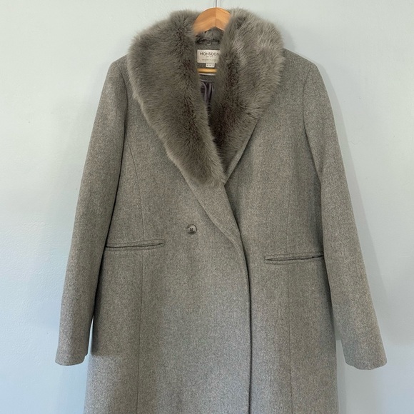 Monsoon Wool Rich removable faux fur trim collar wool blend coat in gray sz 14 - Picture 9 of 16